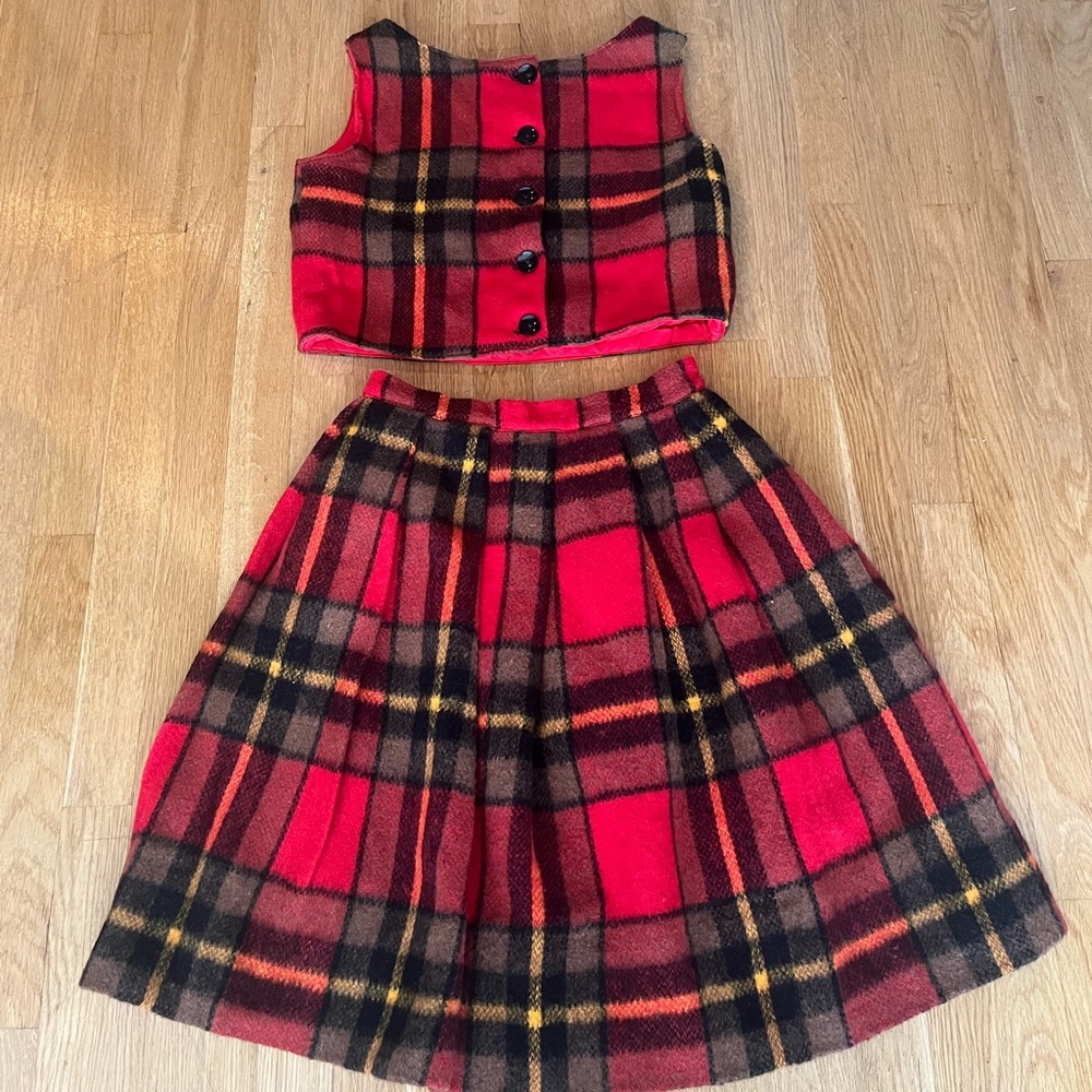 1960’s 1970’s Red & Black Plaid Skirt & Vest Winter Set Handmade Small/Medium